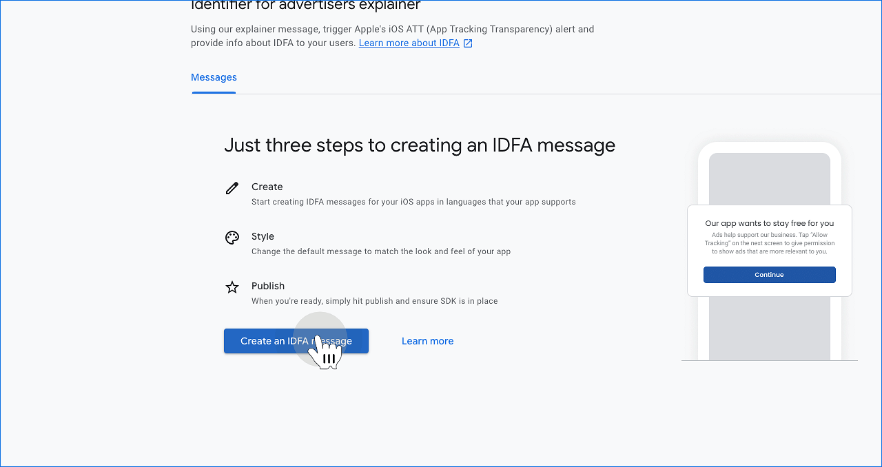 Click &quot;Create an IDFA message&quot;